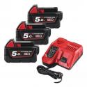 M18 NRG-503 - Set of 3 batteries M18™, Li-ion 18 V, 5.0 Ah + fast charger, 4933451423