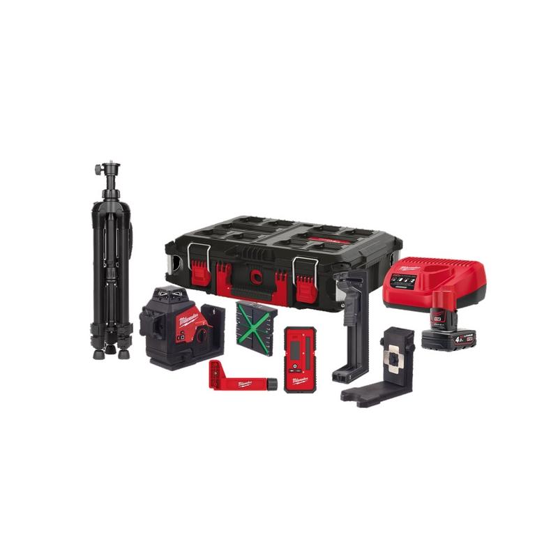 M12 3PLKIT-401P - Laser 3-płaszczyznowy 360°, detektor, statyw, 12 V, 4.0 Ah, w skrzyni PACKOUT, z akumulatorem i ładowarką