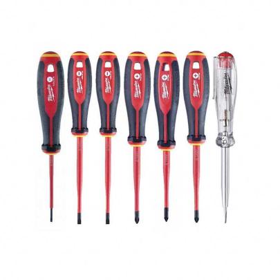 4932478738 - Zestaw 7 wkrętaków izolowanych VDE płaskie, Phillips, Pozidriv, 2,5 - 4 mm, PH2, PZ1 - PZ2, próbnik napięcia