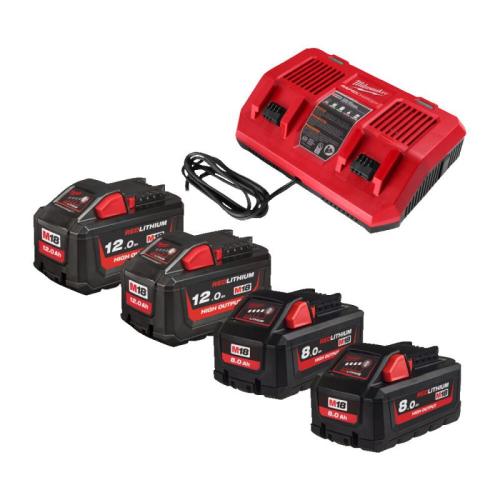 M18 HNRGO2-824 - Set of 4 batteries M18™ HIGH OUTPUT™, Li-ion 18 V, 2 x 8.0 Ah, 2 x 12.0 Ah + dual bay rapid charger, 4932492934