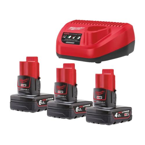 M12 NRGO1-643 - Set of 3 batteries M12™, Li-ion 12 V, 4.0 Ah, 2 x 6.0 Ah + charger, 4932492932