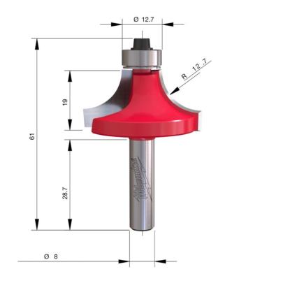 4932501030 - Frez do zaokrąglania krawędzi do drewna z węglikiem spiekanym, trzpień 8 mm, R12,7, 38,1 x 19/61 mm