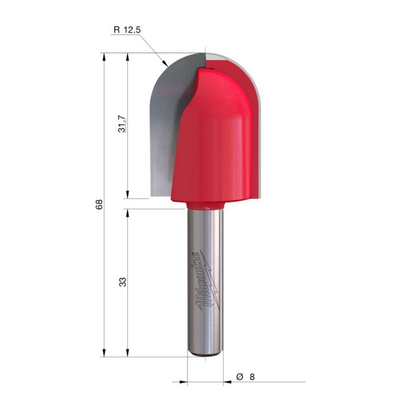 4932500973 - Carbide-tipped wood rounding cutter, 8 mm shank, R12.5, 25 x 31.7/68 mm