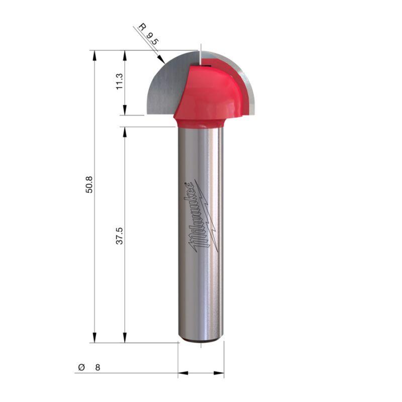 4932500971 - Frez zaokrąglający do drewna z węglikiem spiekanym, trzpień 8 mm, R9,5, 19 x 11,3/50,8 mm