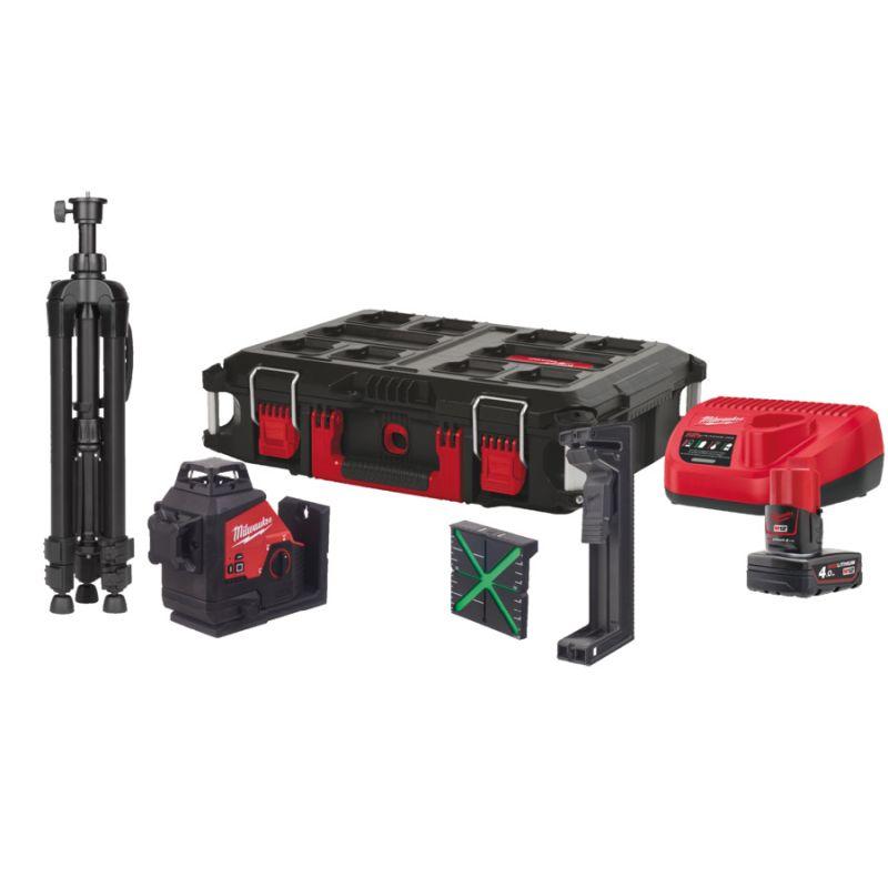 M123PLSKIT-401P - Laser zielony 3-płaszczyznowy 360°, 12 V, 4.0 Ah, w skrzyni PACKOUT, z akumulatorem i ładowarką, 4933499379